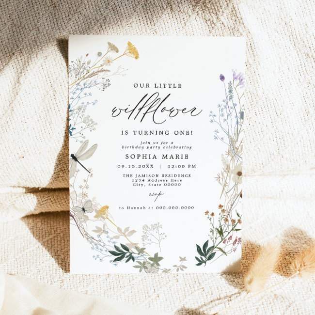 Delicate Boho Wildflower Butterfly 1st Birthday Invitation