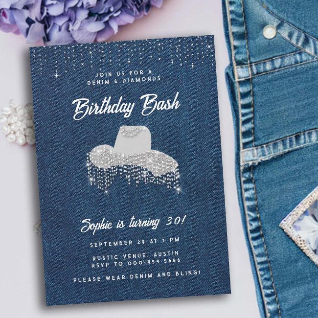 Denim Diamond Cowgirl Hat Rhinestone 30th Birthday Invitation