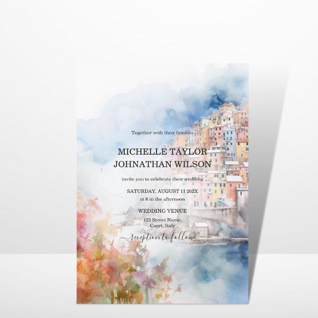 Destination Wedding Italy Cinque Terre Watercolor Invitation
