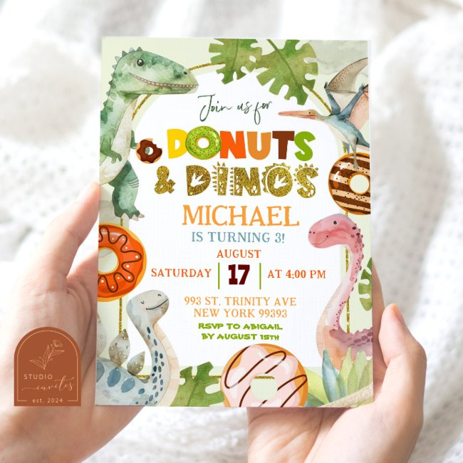 Dinosaur Boy Donuts And Dinos Birthday Party Invitation