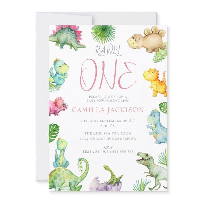 Dinosaur First Birthday Baby Girl Invitation
