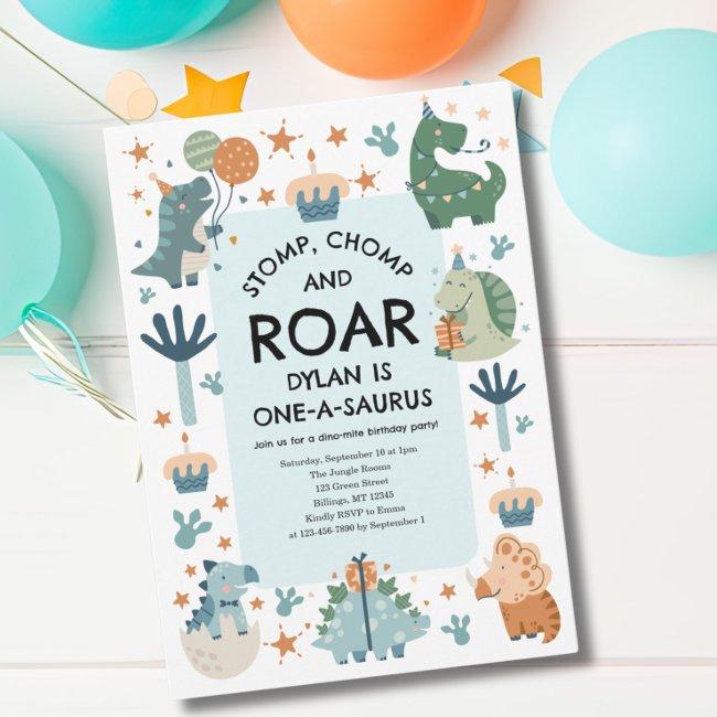 Dinosaur Stomp Chomp And Roar First Birthday Invitation