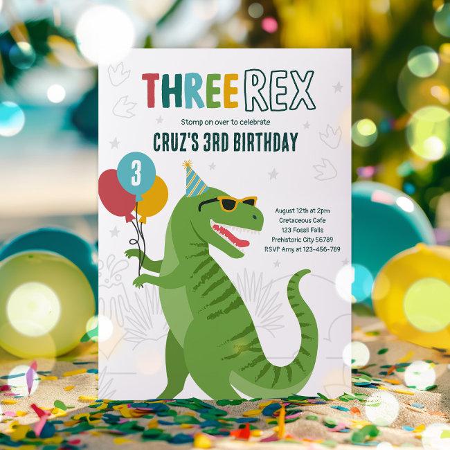 Dinosaur Three Rex 3rd Birthday Party T-rex Invitation