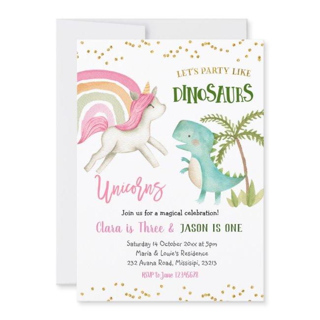 Dinosaurs And Unicorns Sibling Birthday Invitation