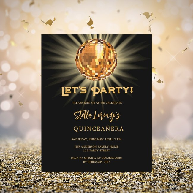 Disco Black Gold Quinceanera Budget Invitation