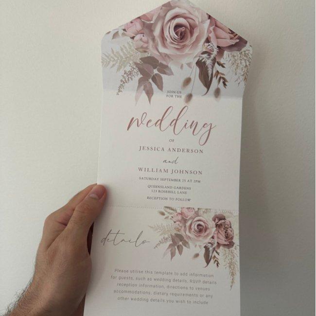 Divine Blush Dusty Rose Floral Wedding All In One Invitation