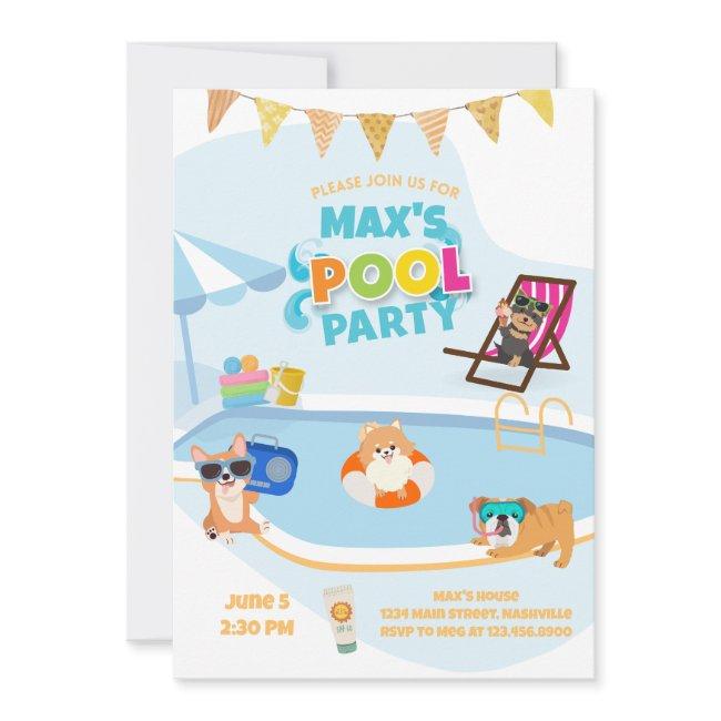 Dog Pool Party, Dog Pawty Birthday Blue Orange Invitation