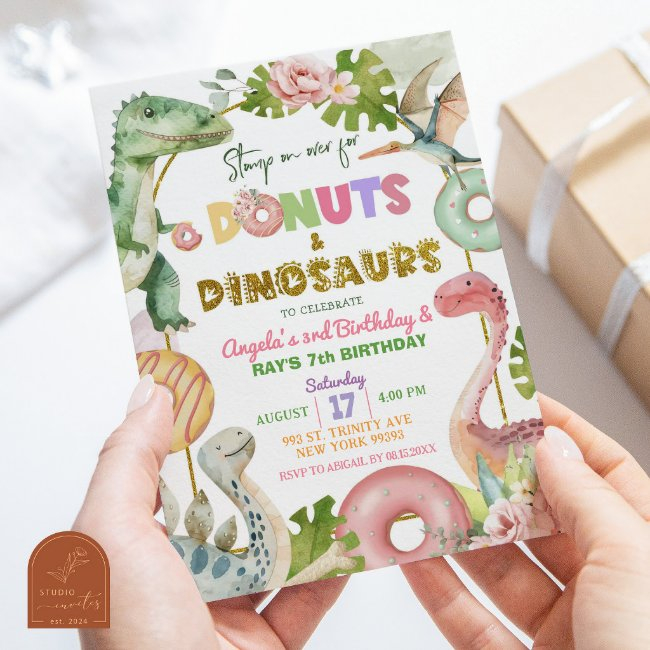 Donuts And Dinosaurs Joint Sibling Birthday Invitation