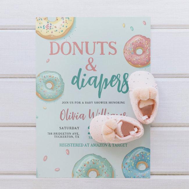 Donuts & Diapers Cute Mint Green Baby Shower Invitation