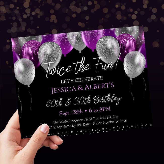 Double Birthday Purple And Silver Balloon Invitation
