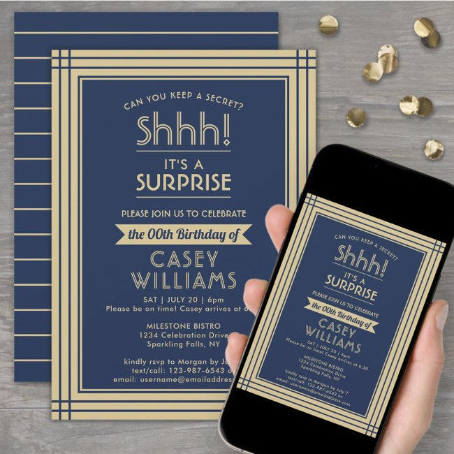Downloadable Surprise Birthday Navy Blue And Gold Invitation