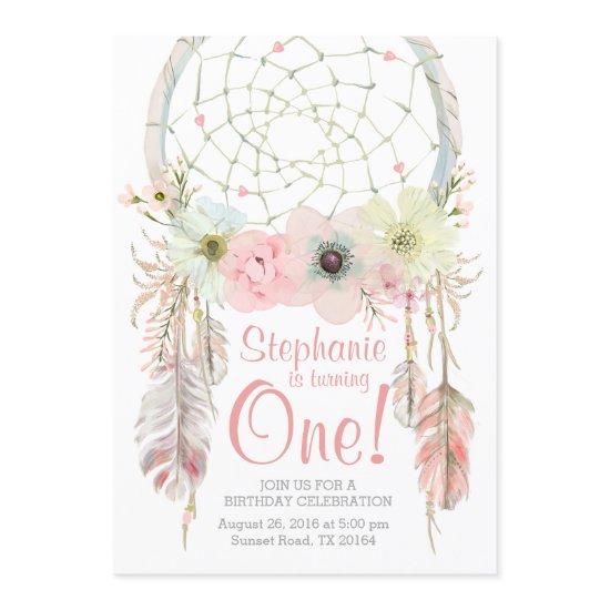 Dreamcatcher Boho Pink Pastel Birthday Invitation