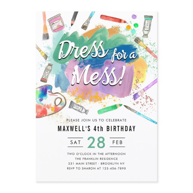 Dress For A Mess Kids Art Paint Painting Birthday Invitation