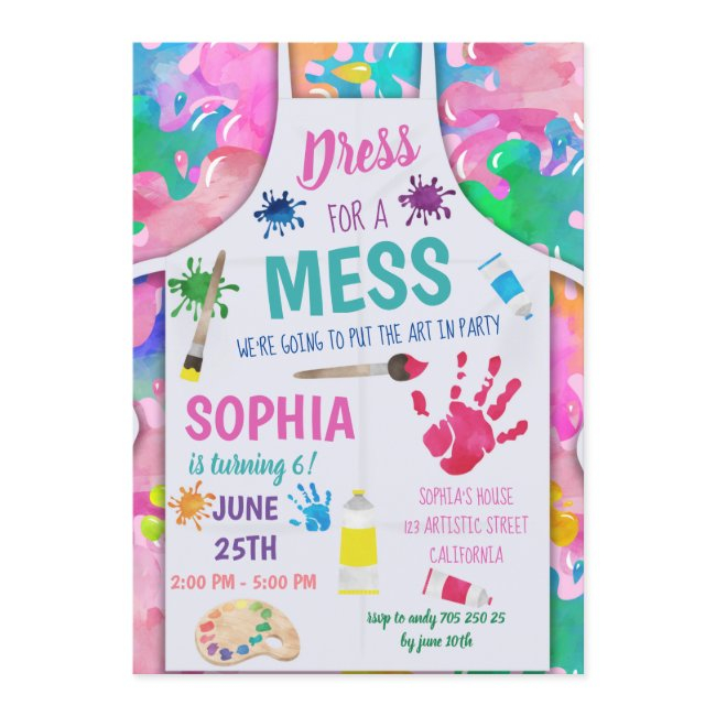 Dress For A Mess Painting Party Art Girl Birthday Invitation