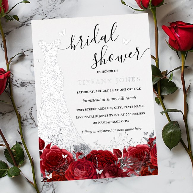 Dress Red Floral Rose Silver Bridal Shower Foil Invitation