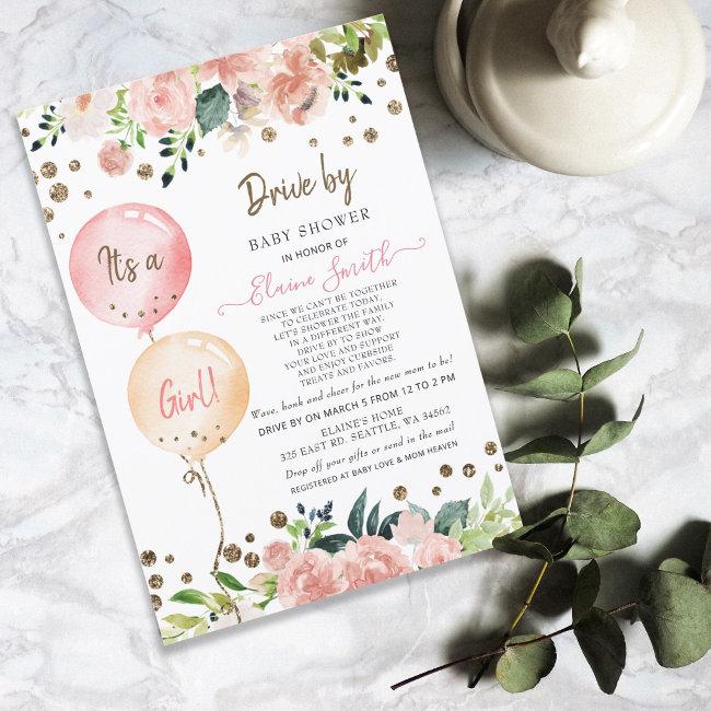 Drive By Balloons Pink Floral Girl Baby Shower Invitation