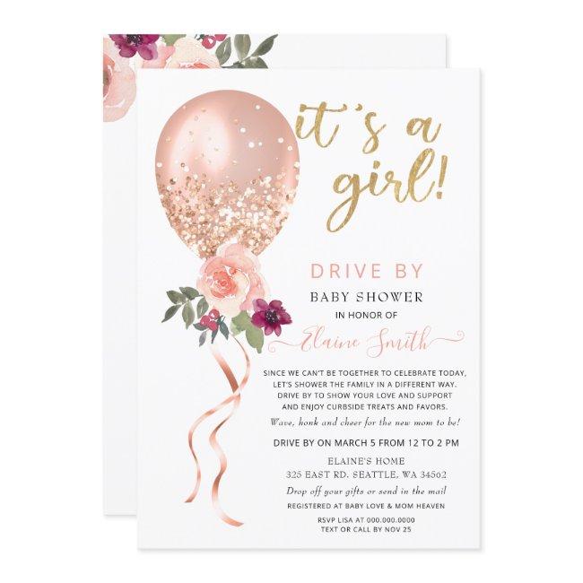 Drive By Floral Balloon Pink Glitter Baby Shower Invitation
