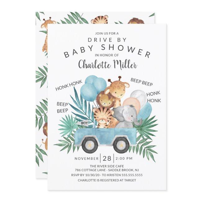 Drive By Jungle Animals Boys Baby Shower Invitation