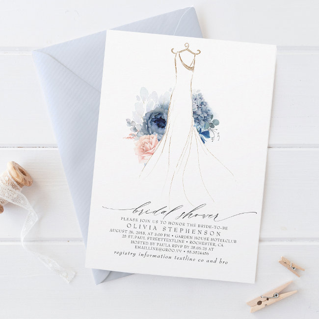 Dusty Blue And Blush Flowers Dress Bridal Shower Invitation