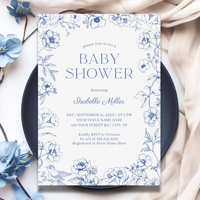 Dusty Blue Chinoiserie Boy Baby Shower Invitation