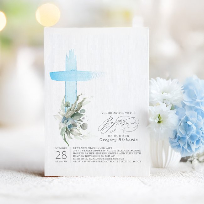 Dusty Blue Cross And Sage Greenery Elegant Baptism Invitation