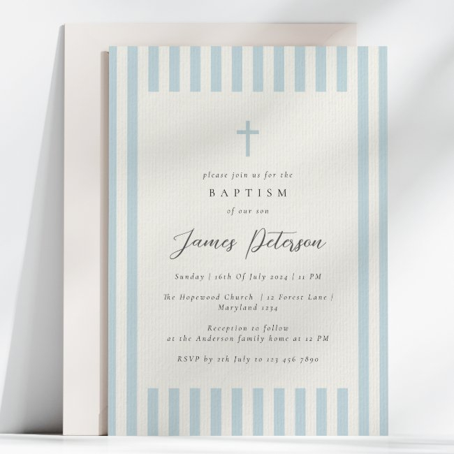 Dusty Blue Elegant Baptism Boy Invitation