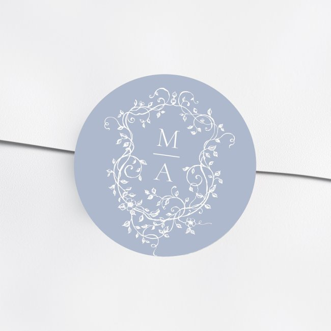 Dusty Blue Elegant Floral Crest Monograms Classic Round Sticker