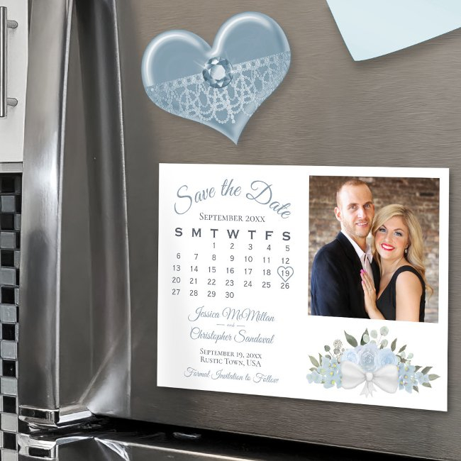 Dusty Blue Floral Calendar Photo Save The Date Magnetic Invitation