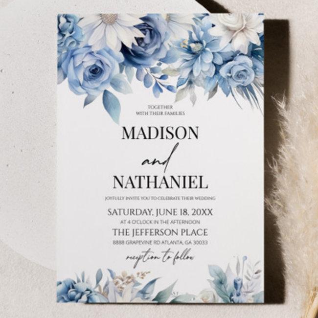 Dusty Blue Floral Flowers Botanical Wedding Invitation