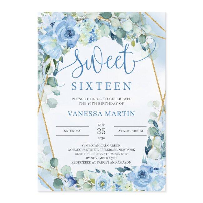 Dusty Blue Floral Gold Geometric Sweet Sixteen Invitation