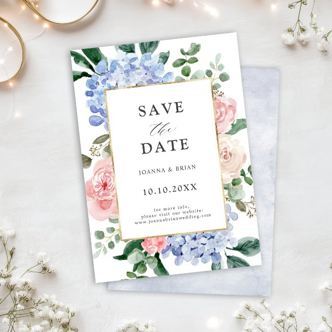 Dusty Blue Hydrangeas Pastel Pink Roses Wedding Save The Date