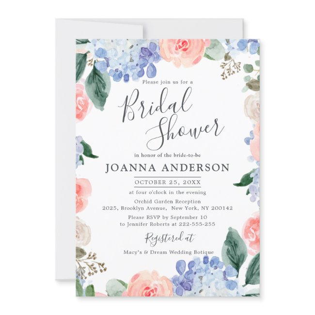 Dusty Blue Hydrangeas Pink Roses Bridal Shower Inv Invitation