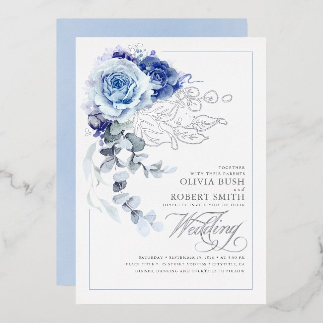 Dusty Blue & Navy Blue Floral Boho Wedding Foil Invitation