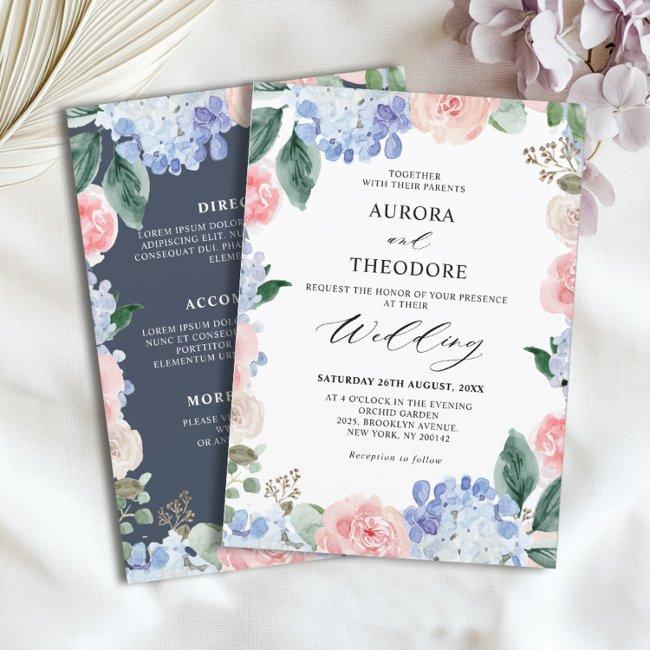 Dusty Blue Pastel Pink Hydrangeas Wedding Invitation