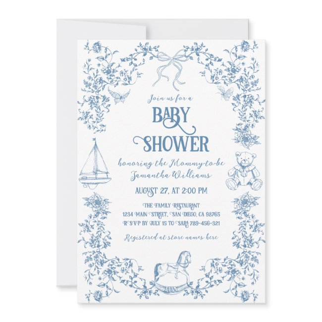 Dusty Blue Whimsical Floral Baby Shower Invitation
