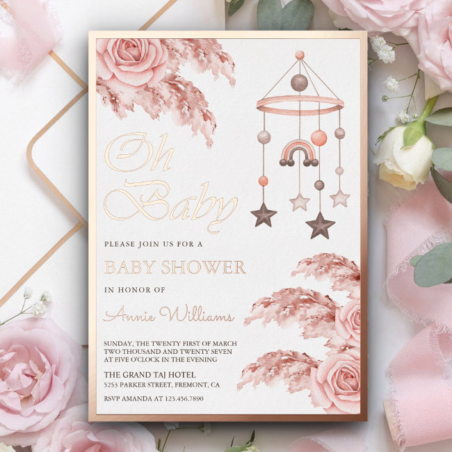 Dusty Pampas Boho Rainbow Baby Shower Rose Gold Foil Invitation