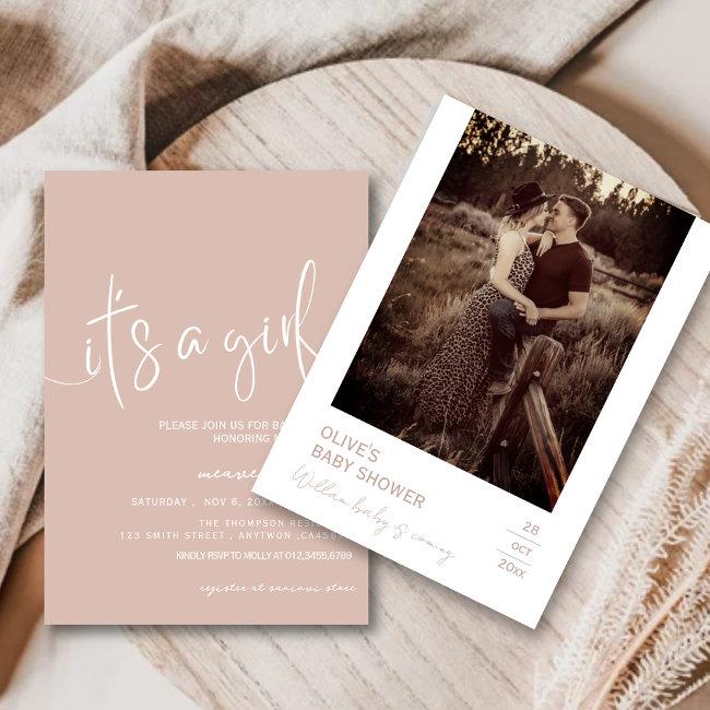 Dusty Pink Minimal Rustic Its A Girl Invitation
