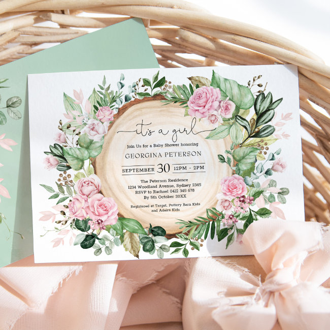 Dusty Pink Rose Garden Botanical Girl Baby Shower Invitation