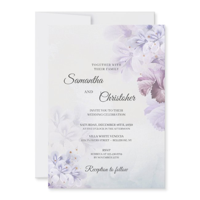 Dusty Purple Paste Blue Brown Ivory Floral Wedding Invitation