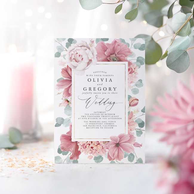 Dusty Rose Flowers And Greenery Elegant Wedding Invitation