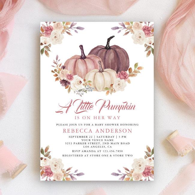 Dusty Rose Pink Floral Pumpkin Baby Shower Invitation