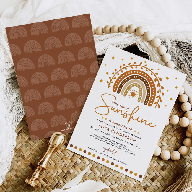 Earth Tone Boho Rainbow Stars Sunshine Baby Shower Invitation