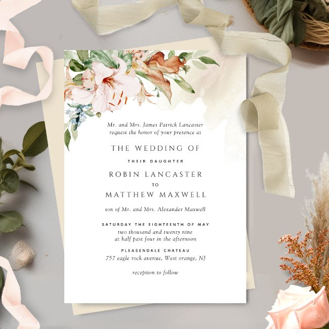 Earthy Blooms Elegant Beige Formal Wedding Invitat Invitation