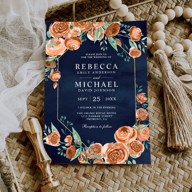 Earthy Burnt Orange Roses Floral Navy Blue Wedding Invitation