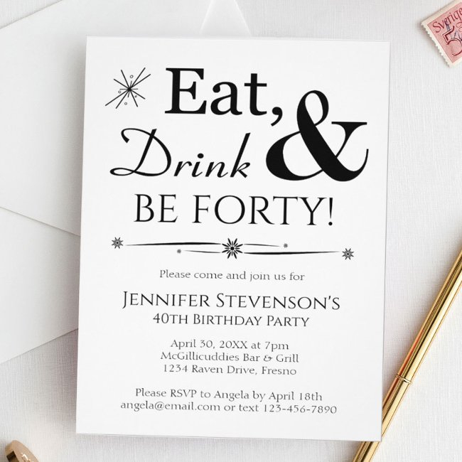 Eat Drink Be Forty Retro Black White 40th Birthday Invitation