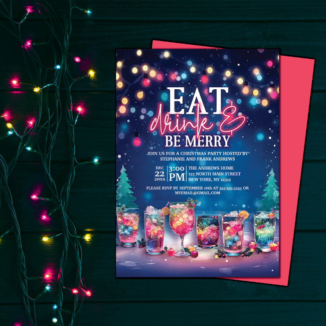 Eat, Drink, & Be Merry Neon Lights Christmas Party Invitation
