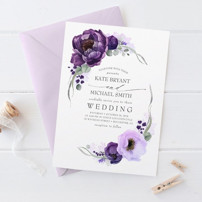 Eggplant Purple Peony And Greenery Silver Wedding Invitation