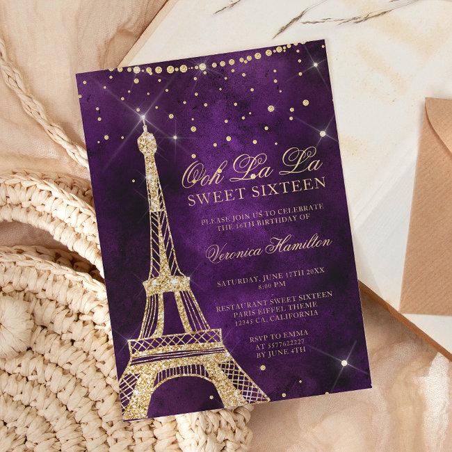 Eiffel Tower Chic Gold Glitter Purple Sweet 16 Invitation