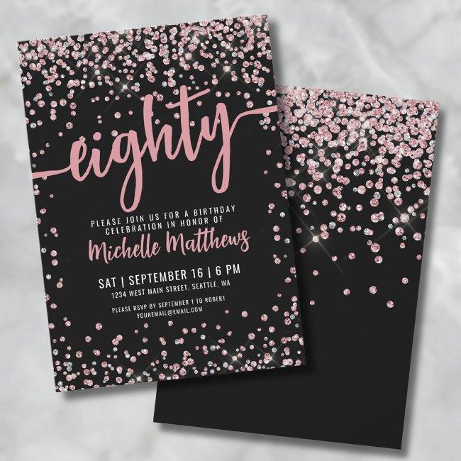 Eighty Black Rose Gold Glitter 80th Birthday Invitation