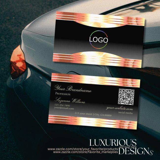 Elegance Black Rose Gold Borders Logo And Qr Code Business Invitations